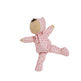 Olli Ella Dozy Dinkum Pip close-up showing strawberry outfit details and closed sleeping eyes, weighted cotton bedtime doll with soft face designed for calming comfort