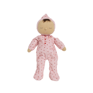 Poupée lestée pour enfants avec yeux qui se ferment et tenue fraise, Olli Ella Dozy Dinkum Pip, compagnon de lit en coton doux, cadeau pour aider les enfants de 3 ans et plus à s'endormir, conçu en Australie.
