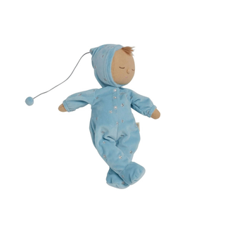Olli Ella Lullaby Dozy Dinkum Leo close-up showing baby blue star-print outfit and peaceful closed eyes, musical weighted doll with built-in lullaby sound mechanism for bedtime