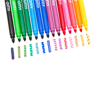 Colour-changing magic markers showing ink transformation effects with eraser pens, OMY 16 dual-tip felt tips with fine and broad tips for children's art projects