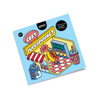 Livre de coloriage pour enfants avec 28 pages détachables représentant des scènes amusantes dans un supermarché, OMY Cozy Art, activité apaisante sans écran, à utiliser avec des crayons ou des aquarelles, fabriqué à Paris.