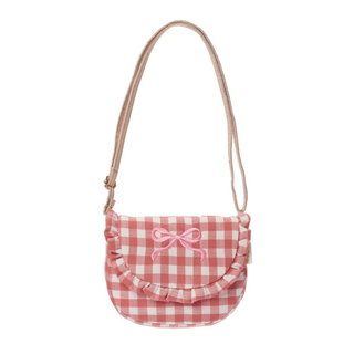 Pink gingham crossbody bag with ruffle bow and safety breakpoint strap, Rockahula Kids children's first handbag, birthday gift for girls aged 3 plus