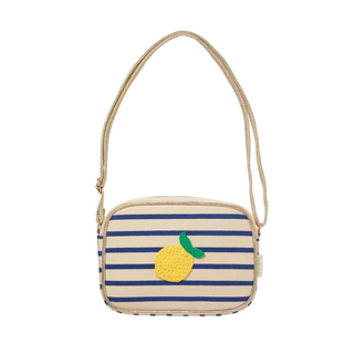 Lemon embellished stripy crossbody bag with adjustable strap and safety features, Rockahula Kids children's summer day-out bag, fruity holiday accessory for girls