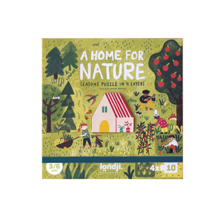 Four seasons layer puzzle for kids with wooden cabin centrepiece in illustrated gift box, Londji A Home for Nature jigsaw in birch wood and FSC cardboard, ages 3 plus