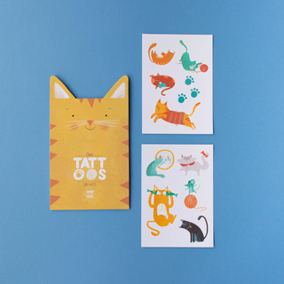 Sheet of 10 cat temporary tattoos with playful feline illustrations, Londji Kids Temporary Tattoos Cats safe water-transfer body art, easy to apply and remove