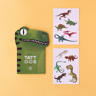 Sheet of 10 dinosaur temporary tattoos with T-Rex and prehistoric species illustrations, Londji Kids Temporary Tattoos Jurassic safe body art for children's dino parties