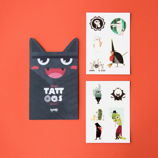 Sheet of 10 Halloween temporary tattoos showing vampires, zombies, werewolves and ghosts, Londji Kids Temporary Tattoos Terror safe body art for spooky fancy dress