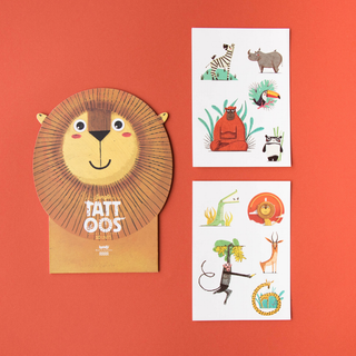 Sheet of 10 jungle animal temporary tattoos showing lions, giraffes, rhinos and crocodiles, Londji Kids Temporary Tattoos Jungle safe body art for safari-themed parties