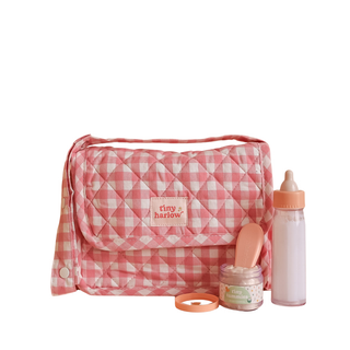 Tiny Harlow Nurturer Kit with pink gingham quilted nappy bag, magic disappearing milk bottle, Tiny Tummies baby cereal jar and spoon for doll caring play
