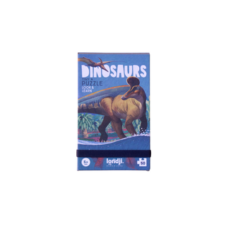 Dinosaur tiny puzzle for kids with 50 pieces and 12 prehistoric fact cards in pocket box, Londji Dinosaurs Tiny portable palaeontology jigsaw, travel gift, ages 5 plus