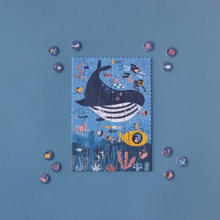 Completed 36-piece tiny ocean jigsaw with sea creature observation cards, Londji Ocean Tiny pocket underwater puzzle for children, sustainable FSC recycled cardboard