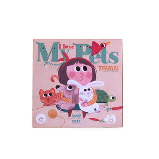Toddler pet jigsaw puzzle with 7 reversible animal puzzles in illustrated gift box, Londji I Love my Pets eco-friendly first puzzle featuring cat, dog and rabbit, ages 2 plus