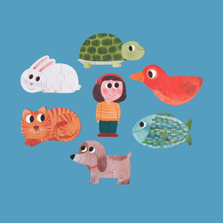 Large 3-piece toddler puzzles showing cat, dog, rabbit, fish, bird and turtle, Londji I Love my Pets chunky jigsaw set for ages 2 and up, made in Spain