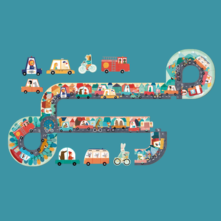 Puzzle de voyage portable 24 pièces avec des voitures colorées, des vélos et 10 conducteurs cachés à trouver, puzzle portable Londji Petit Voyage pour les voyages et les vacances.