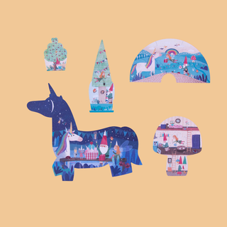 Double-sided unicorn puzzle showing hidden birthday party story on the reverse, Londji Happy Birthday Unicorn two-in-one progressive jigsaw with surprise friendship illustrations