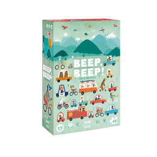 Vehicle jigsaw puzzle for kids with 48 pieces and hidden driver-hunt game in illustrated box, Londji Beep Beep road scene puzzle for ages 3 plus, eco-friendly FSC cardboard