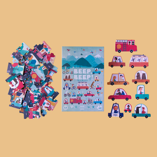 Completed 48-piece road jigsaw showing busy scene with cars, trucks, bicycles and 10 hidden drivers to spot, Londji Beep Beep observation puzzle for children