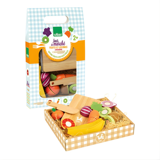 Set da cucina in legno per bambini con 5 pezzi di frutta e verdura con chiusura in velcro, tagliere e coltello; gioco di finzione «Market Day» di Vilac con certificazione FSC, regalo per giochi di ruolo in cucina per bambini dai 3 anni in su