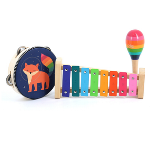 Wooden musical instrument set for toddlers with xylophone, tambourine, maracas and castanet, Vilac Rainbow FSC-certified, first music gift for babies aged 18 months plus, designed in France