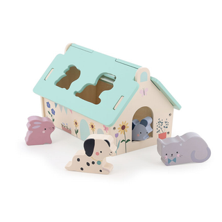 Wooden animal shape sorter for toddlers with house design, 4 chunky pieces (dog, cat, rabbit and mouse) and removable roof, Vilac illustrated by Sarah Betz, first learning toy from 18 months