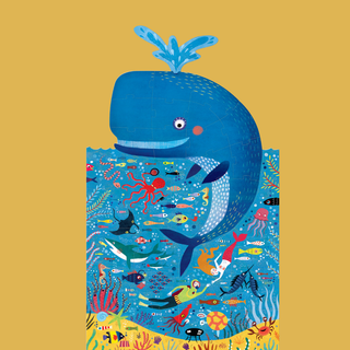 Completed whale-shaped floor jigsaw showing underwater ocean scene with sharks and sea life, Londji My Big Blue giant puzzle 46 x 78 cm, birthday gift for 3 year old