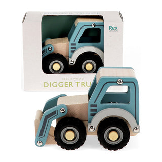 Wooden push-along vehicle for toddlers, Rex London Wooden Push Along Digger Truck Blue, sturdy first vehicle play in beech wood, ages 1 plus