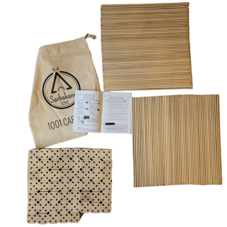 Ultimate den kit contents showing 155 beech wood clips and connector rods laid out, 1001 Cabanes Grizzly pieces for the most ambitious indoor fort and tunnel networks