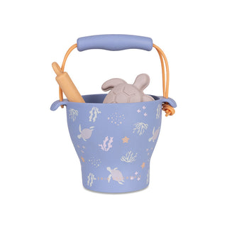 Silicone beach toy set for kids with bucket, spade and moulds, Swim Essentials Coral Bliss design, squashable and easy to pack for sand play