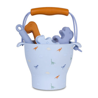 Silicone beach toy set for kids with bucket, spade and moulds, Swim Essentials Dino design, squashable and easy to pack for sand play