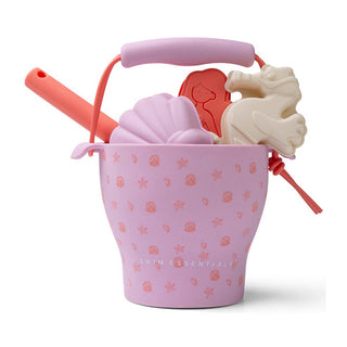Silicone beach toy set for kids with bucket, spade and moulds, Swim Essentials Pink Shell Tastic design, squashable and easy to pack for sand play