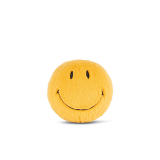 Bon Ton Toys x Smiley Eco Fuzzy Teddy 13cm in yellow recycled polyester with embroidered Smiley face, compact pocket size, safe from birth, Dutch design