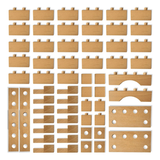 Large building blocks set showing 59 solid beech pieces in wide range of geometric shapes with cotton storage bag, Brick A Block Builder open-ended construction toy for bigger projects