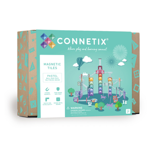 Connetix Pastel magnetic tile marble run set with 106 pieces, clear fluted tubes, funnels, connectors and 6 balls, hands-on STEM engineering toy for kids