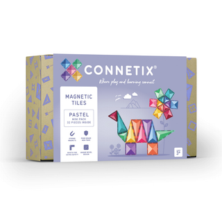 Connetix Pastel Mini Pack 32 magnetic tiles in eight soft colours, compact portable building set for travel, holidays and on-the-go screen-free play