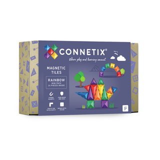Connetix Rainbow Mini Pack 24 magnetic building tiles, pocket-sized travel construction set in six bold colours, perfect first gift or collection top-up