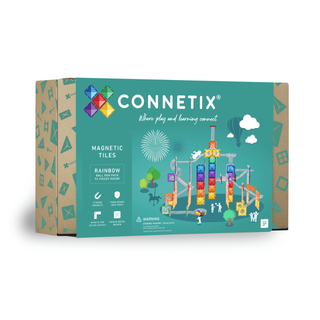 Connetix Rainbow magnetic tile ball run with 92 pieces in six bright colours, clear tubes and 4 marbles for gravity and motion play, educational construction toy