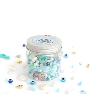 Craft beads for kids in mermaid ocean turquoise, teal and pearl, La Petite Épicerie reusable bead jar for jewellery making and craft projects ages 6 plus