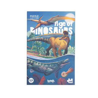 Dinosaur jigsaw puzzle for kids with 100 pieces and prehistoric fact-finding game in illustrated box, Londji Age of Dinosaurs educational puzzle, birthday gift for 5 year old