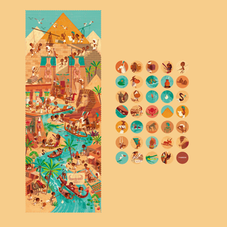 Completed 100-piece ancient Egypt jigsaw showing pyramids, pharaoh, sphinx and Nile scene, Londji Go to the Pyramids panoramic observation puzzle 85 x 32 cm