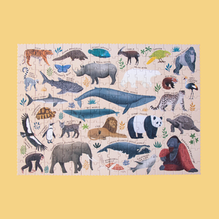  Completed 200-piece endangered species jigsaw showing threatened wildlife and habitats, Londji Life Puzzle educational conservation puzzle with IUCN species guide