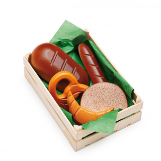 Erzi wooden play food bakery set with assorted hand-painted breads and pastries in solid beech wood, made in Germany