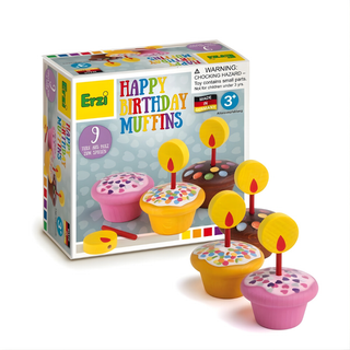 Erzi wooden play food birthday muffins set with removable candles for celebration role-play, hand-painted solid beech wood, made in Germany