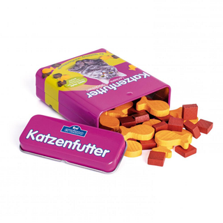 Erzi wooden play food cat food in metal storage tin for pet care role-play, hand-painted solid beech wood, made in Germany