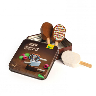 Erzi wooden play food chocolate ice cream scoops in metal storage tin for ice cream shop play, hand-painted beech wood, made in Germany