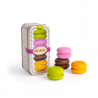 Erzi wooden play food colourful French macaroons in metal storage tin, hand-painted solid beech wood patisserie toys, made in Germany