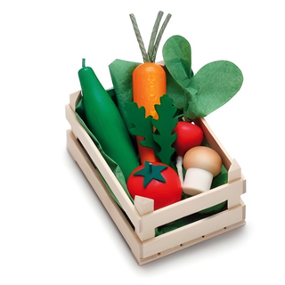 Erzi wooden play food mini vegetable set in hand-painted solid beech wood with assorted miniature vegetables for pretend kitchen play, made in Germany