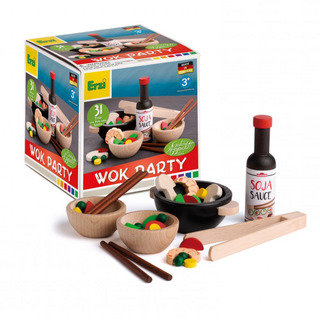 Erzi wooden play food wok dinner set with Asian-style stir-fry ingredients in hand-painted solid beech wood, made in Germany