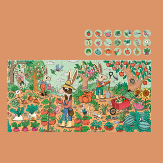 Completed 24-piece garden jigsaw showing rabbits growing strawberries, watermelons and pears, Londji Rabbit's Garden seek-and-find observation puzzle 60 x 30 cm