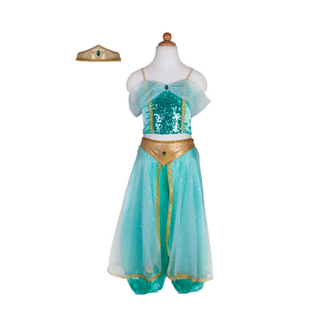 Girls' Arabian princess outfit in shimmering chiffon with gold sequin accents and matching headpiece, Great Pretenders fairy-tale dress-up ages 5 to 6