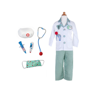 Children's doctor outfit with eight pieces including green coat, stethoscope, thermometer and syringe, Great Pretenders medical dress-up ages 5 to 6